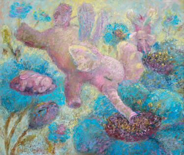 Schilderij getiteld "Сонные слоники" door Julia Abramoshvili, Origineel Kunstwerk, Olie