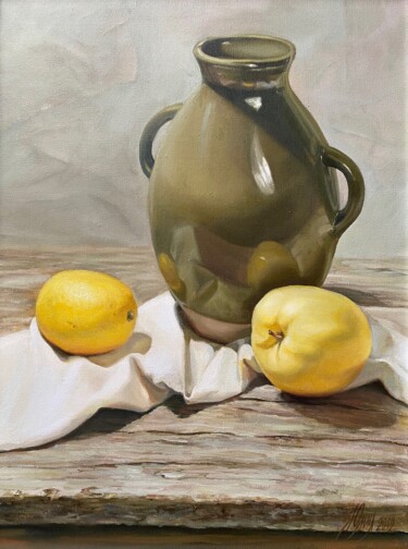 Painting titled "Still life. Jug and…" by Julia Abramoshvili, Original Artwork, Oil Mounted on Wood Stretcher frame