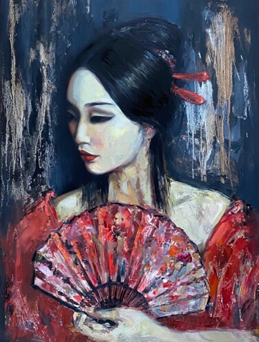 Painting titled "Girl with a red fan" by Julia Abramoshvili, Original Artwork, Oil Mounted on Wood Stretcher frame