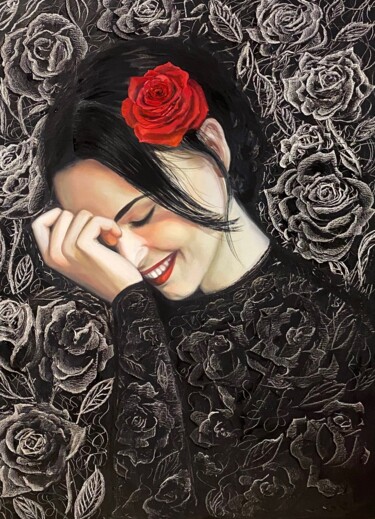 Schilderij getiteld "Le Rouge et le Noir" door Julia Abramoshvili, Origineel Kunstwerk, Olie Gemonteerd op Frame voor houten…