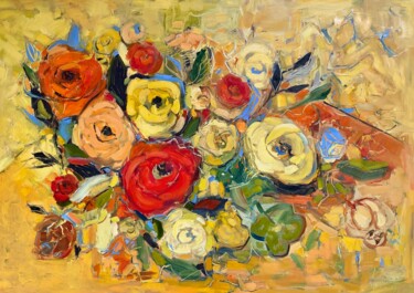 Painting titled "Flowers on a yellow…" by Julia Abramoshvili, Original Artwork, Oil