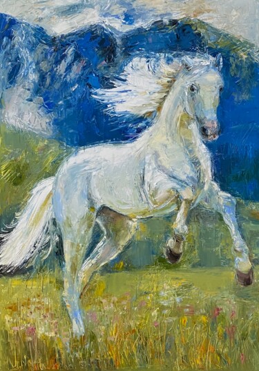 Pittura intitolato "White horse" da Julia Abramoshvili, Opera d'arte originale, Olio Montato su Telaio per barella in legno