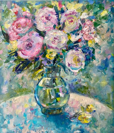 Painting titled "Bouquet of roses" by Julia Abramoshvili, Original Artwork, Oil Mounted on Wood Stretcher frame