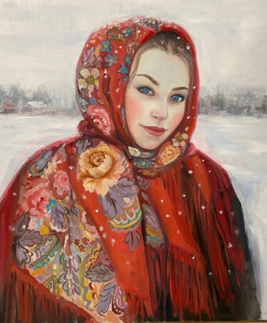 Painting titled "Girl in a red scarf" by Julia Abramoshvili, Original Artwork, Oil Mounted on Wood Stretcher frame