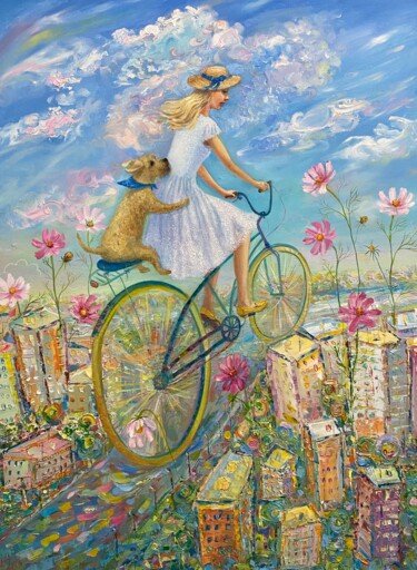 Painting titled "Bicycle rider" by Julia Abramoshvili, Original Artwork, Oil Mounted on Wood Stretcher frame