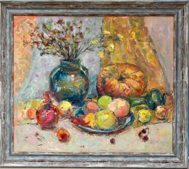 Painting titled "Still life with pum…" by Julia Abramoshvili, Original Artwork, Oil Mounted on Wood Stretcher frame