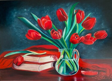 Painting titled "Tulips and books" by Julia Birst, Original Artwork, Oil