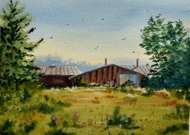 Peinture intitulée "Summer landscape" par Julia Birst, Œuvre d'art originale, Aquarelle Monté sur Châssis en bois