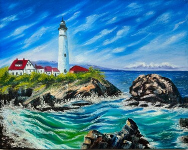 Schilderij getiteld "Lighthouse and sea" door Julia Birst, Origineel Kunstwerk, Olie
