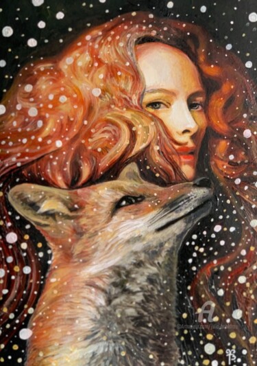 Картина под названием "Woman with fox" - Julia Brinkfrau, Подлинное произведение искусства, Акварель