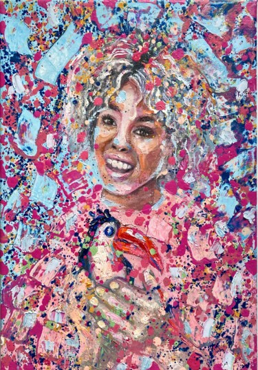 Painting titled "Girl with bird oil…" by Julia Brinkfrau, Original Artwork, Oil