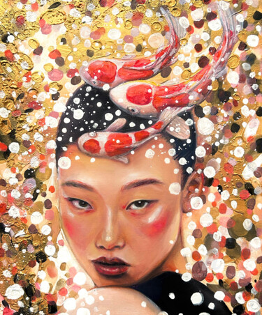 Peinture intitulée "asian girl with koi…" par Julia Brinkfrau, Œuvre d'art originale, Huile