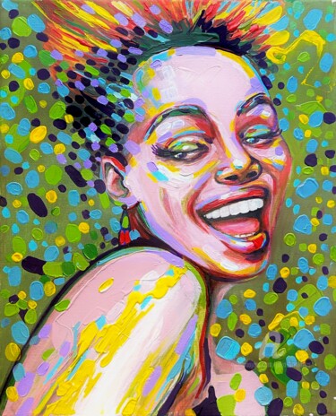 Malerei mit dem Titel "Happy woman portrai…" von Julia Brinkfrau, Original-Kunstwerk, Acryl