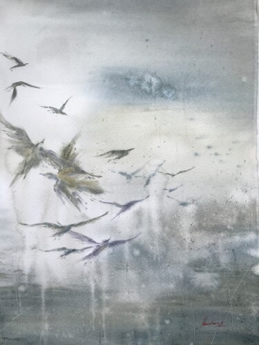 Malerei mit dem Titel "Retro Birds" von Julia Bunkevich, Original-Kunstwerk, Aquarell