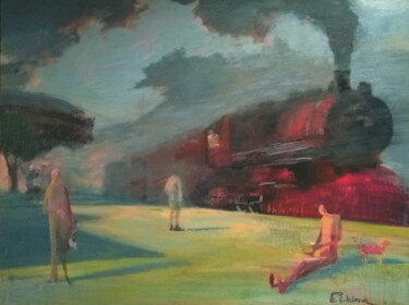 Malerei mit dem Titel "Waiting. Train arri…" von Julia Elkina, Original-Kunstwerk, Öl
