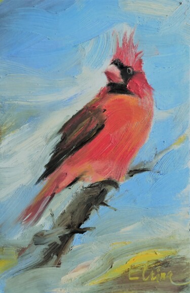 Painting titled "Red cardinal" by Julia Elkina, Original Artwork, Oil