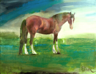 Peinture intitulée "Bay horse in a spri…" par Julia Elkina, Œuvre d'art originale, Huile