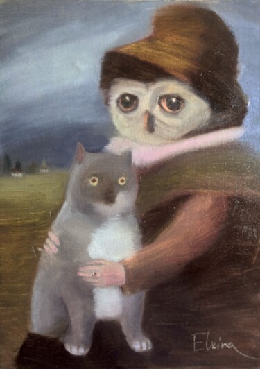 Pittura intitolato "Owl portrait with c…" da Julia Elkina, Opera d'arte originale, Olio