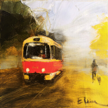 Schilderij getiteld "Autumn tram" door Julia Elkina, Origineel Kunstwerk, Olie