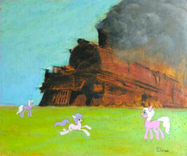 Schilderij getiteld "Pink ponies" door Julia Elkina, Origineel Kunstwerk, Olie