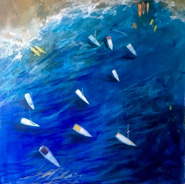 Painting titled "Sea and Boats.1" by Julia Hacker, Original Artwork, Acrylic Mounted on Wood Stretcher frame