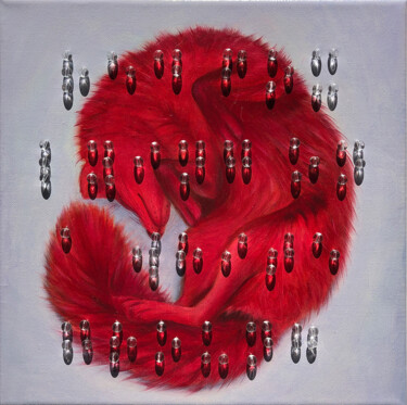 Картина под названием "Red fox lying on a…" - Julia Kuzina, Подлинное произведение искусства, Масло Установлен на Деревянная…