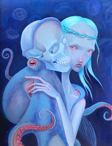 Malarstwo zatytułowany „Dreaming Mermaid (S…” autorstwa Julia Kuzina, Oryginalna praca, Olej Zamontowany na Drewniana rama n…
