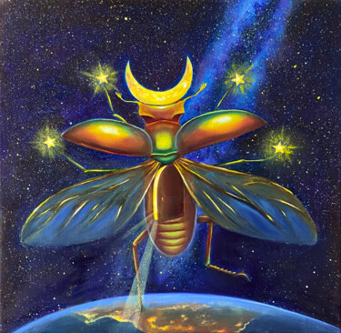 Pintura intitulada "Moon Beetle" por Julia Kuzina, Obras de arte originais, Óleo Montado em Armação em madeira