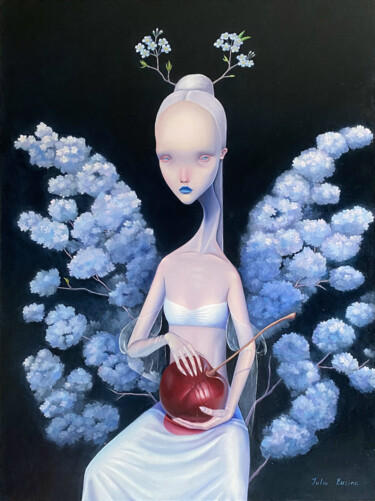Painting titled "Queen of the cherry…" by Julia Kuzina, Original Artwork, Oil Mounted on Wood Stretcher frame