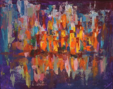 Painting titled "Night City" by Julia Leon, Original Artwork, Acrylic Mounted on Wood Stretcher frame