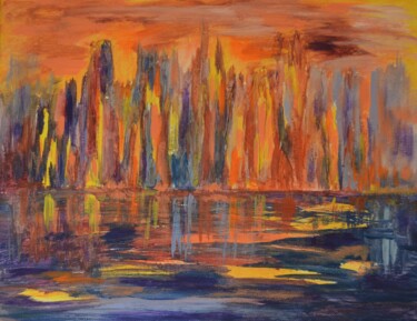 Malerei mit dem Titel "Orange Skyline, Abs…" von Julia Leon, Original-Kunstwerk, Acryl Auf Keilrahmen aus Holz montiert
