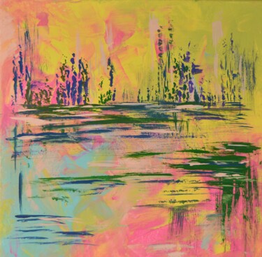 Painting titled "Morning Lake" by Julia Leon, Original Artwork, Acrylic Mounted on Wood Stretcher frame