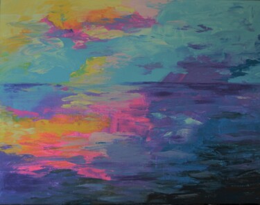 Painting titled "Ocean Sunset" by Julia Leon, Original Artwork, Acrylic Mounted on Wood Stretcher frame