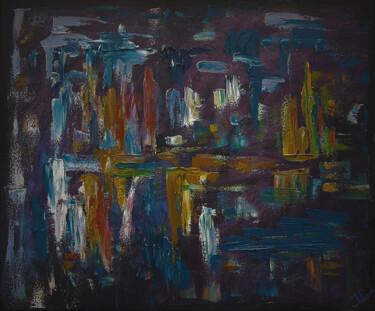 Painting titled "City view, abstract" by Julia Leon, Original Artwork, Oil Mounted on Wood Stretcher frame