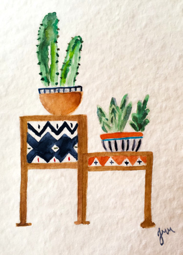 Painting titled "Ethnic Cactus in Me…" by Julia Martinez, Original Artwork, Watercolor