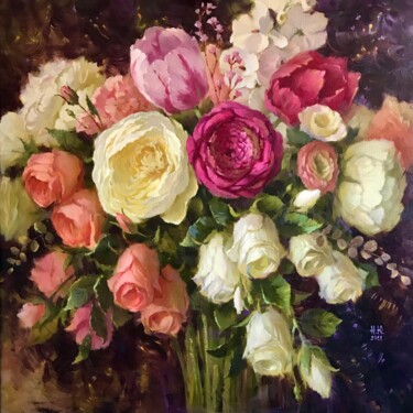 Painting titled "Цветы на тёмном" by Julia Nepokrytaya, Original Artwork, Oil