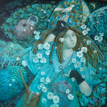 Картина под названием "Разговор с птицей" - Julia Nepokrytaya, Подлинное произведение искусства, Масло Установлен на Деревян…