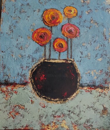 Schilderij getiteld "Abstract flowers go…" door Julia Ozerova, Origineel Kunstwerk, Olie Gemonteerd op Frame voor houten bra…