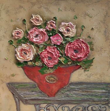 Schilderij getiteld "Pink roses 3d paint…" door Julia Ozerova, Origineel Kunstwerk, Olie