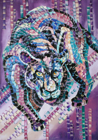 「Panther」というタイトルの絵画 Julia Ptlによって, オリジナルのアートワーク, オイル ウッドストレッチャーフレームにマウント