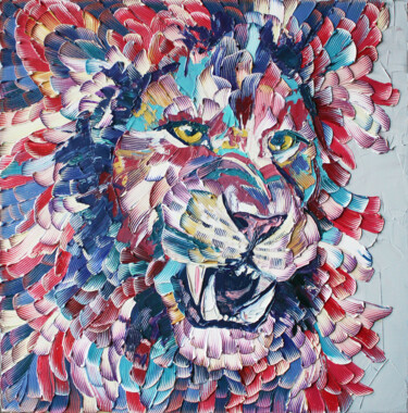 Painting titled "Lion" by Julia Ptl, Original Artwork, Oil Mounted on Wood Stretcher frame