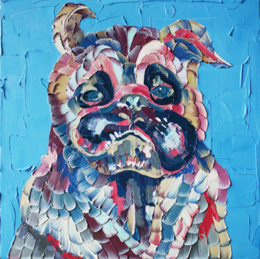 Schilderij getiteld "Pug" door Julia Ptl, Origineel Kunstwerk, Olie Gemonteerd op Frame voor houten brancard