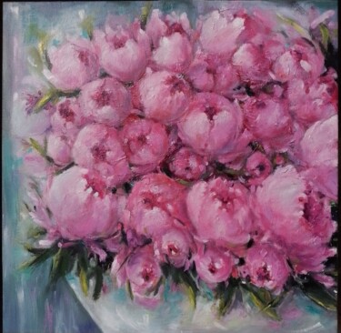 Painting titled "pink peonies" by Julia Savytskas, Original Artwork, Oil Mounted on Wood Stretcher frame
