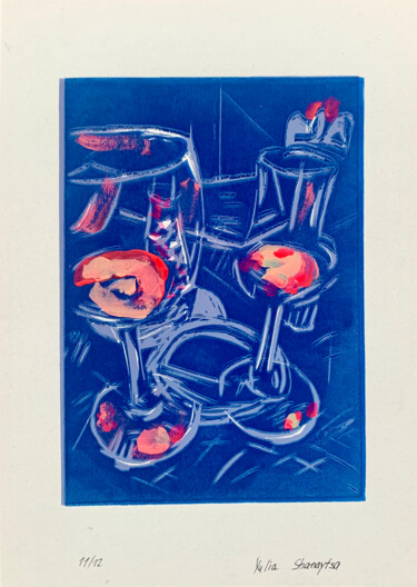 Prenten & gravures getiteld "Evening glasses, li…" door Julia Shanaytsa, Origineel Kunstwerk, Linosnede
