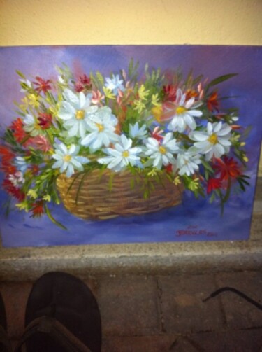 Painting titled "Basket of Flowers" by Julia Stevens, Original Artwork