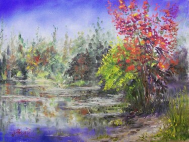 Painting titled "Tree Tops Lake" by Julia Stevens, Original Artwork