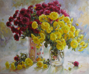 Painting titled "Chrysanthemums" by Julia Tomesko, Original Artwork, Oil