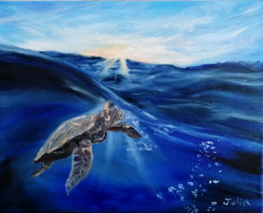 Painting titled "The sea turtle ocea…" by Julia Valova, Original Artwork, Oil