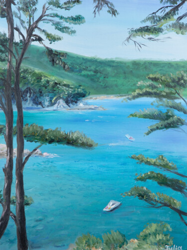 Painting titled "Pines on the bay se…" by Julia Valova, Original Artwork, Oil