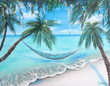 Schilderij getiteld "Tropical lagoon" door Julia Valova, Origineel Kunstwerk, Olie Gemonteerd op Frame voor houten brancard